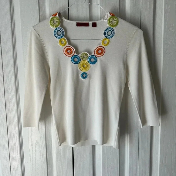 Venini White Colored Vneck Sequin beaded Red Orange Beaded Petite Small - Picture 1 of 9